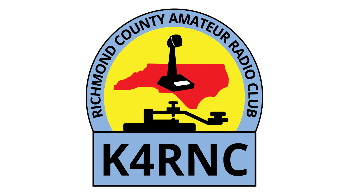 K4RNC Logo: Silhouette of a desk mic in front of a silhouette of NC, over a silhouette of a CW tapper, all inside a circle, around which says, "Richmond County Amateur Radio Club," "K4RNC"